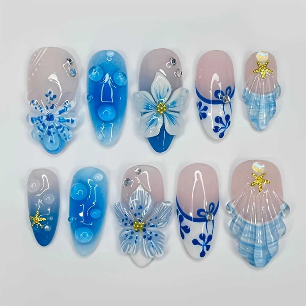 10Pcs Mid-length Almond Press on Nails 3D Leopard Print Gradient Blue Flower False Nails French Full Cover Fake Nails Tips