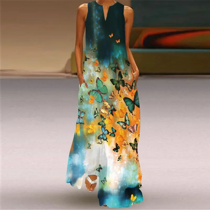 Sleeveless V-Neck Boho Maxi Dress – Vintage Print 2026