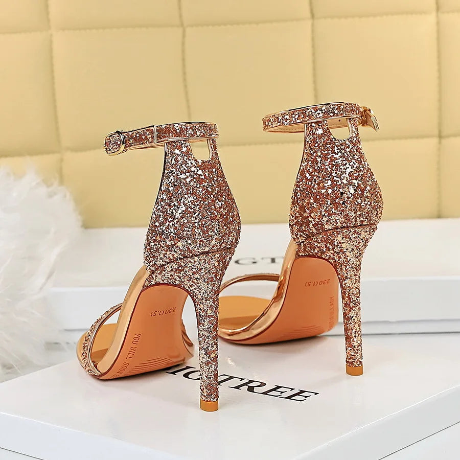 2024 New Women Classic High Heels Hollow Sandals Sparkling Sequins Stiletto Female Summer Pumps Gentle One Word Belt  829-3