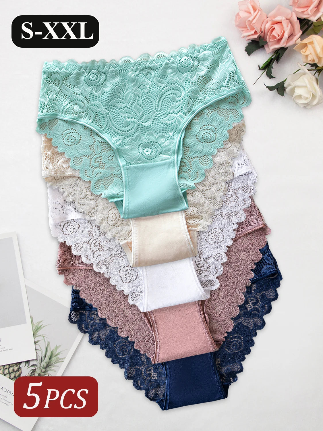 5PCS Romantic Sexy Women's Panties Hollow Out Lace Floral Underwear Breathable Solid Color Mid-Rise Briefs Cotton Lingerie Hot
