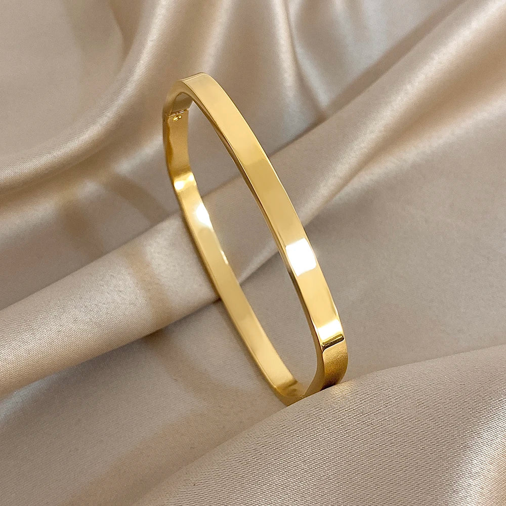 FLASHBUY Trendy Chic Gold Color Simple 316L Stainless Steel Bangles Bracelets for Women Charm Zircon Waterproof Jewelry Gift