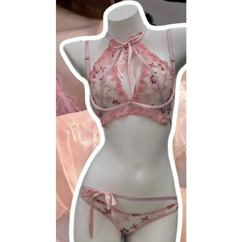 Women's Embroidered Ribbon Bow Bralette & Panty Set, Butterfly Mambo Pure Desire Wireless Comfort Bra for Daily Wear MOYISU Sexy