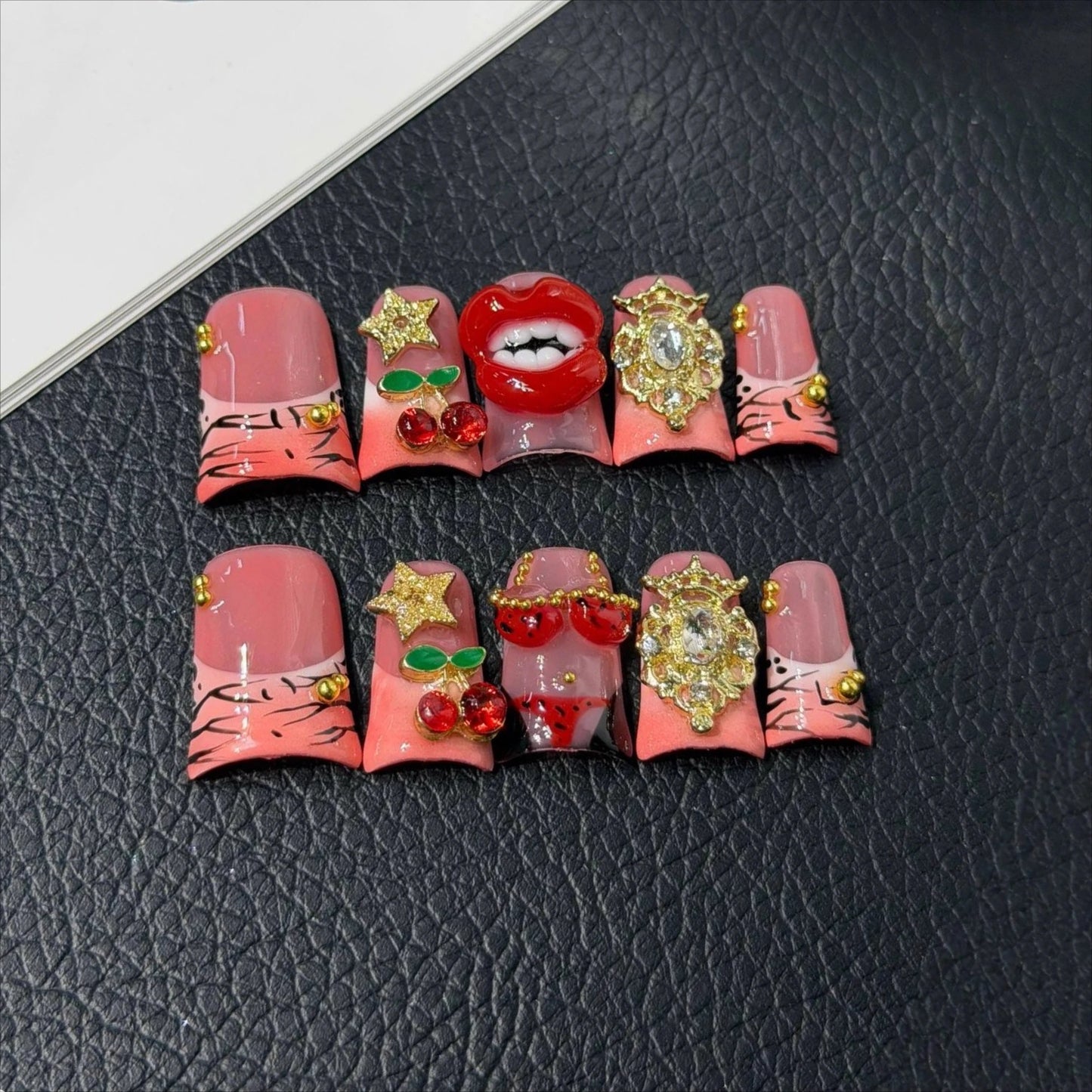 10Pcs Summer Sweet Girl Cherry Fake Nail Art Full Cover Butterfly Rhinestone 3D Stick on Nails French Duckbill Wearable Manicure