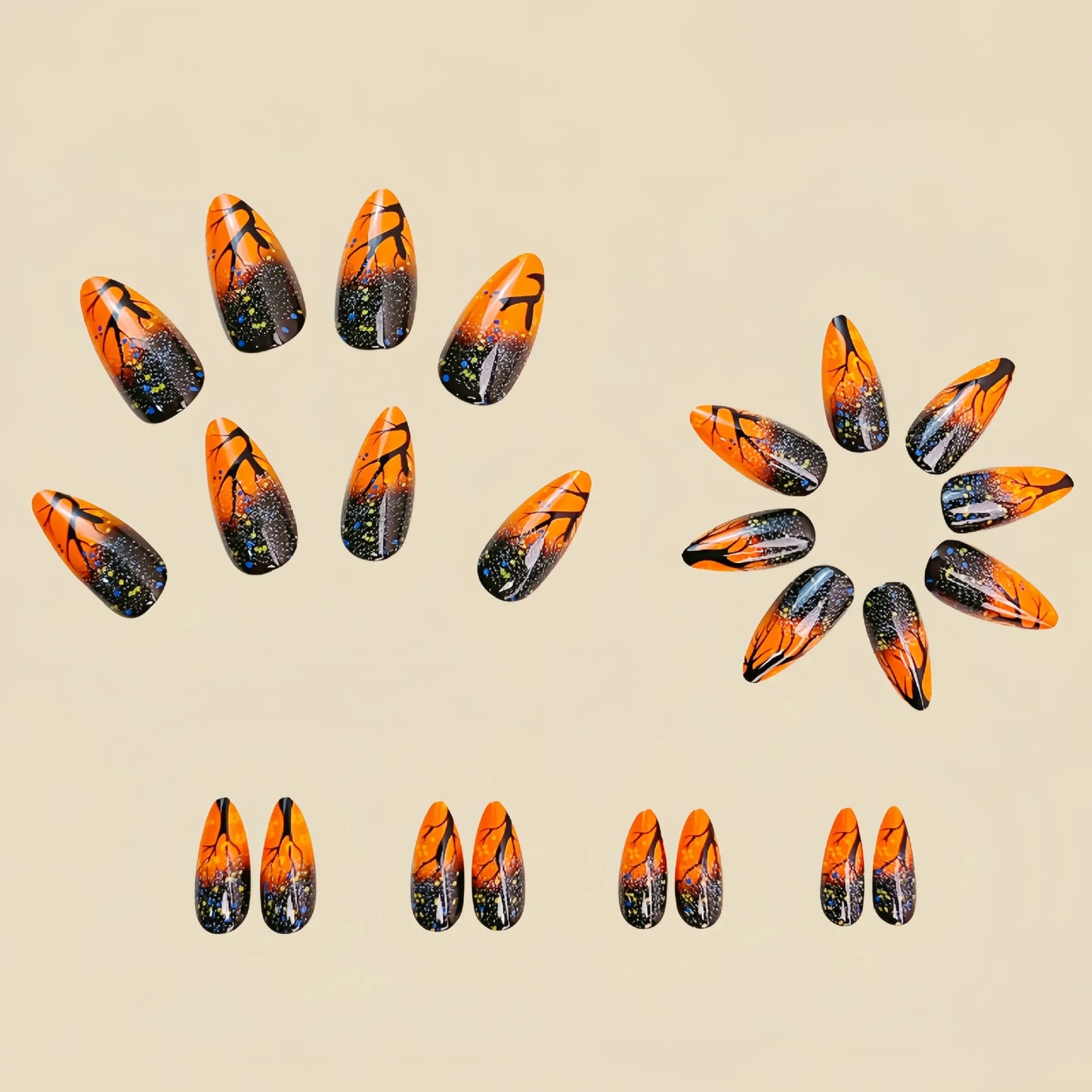 Medium fake nails for women girls gradient brown yellow tree flora almond shape full cover reusable press on false nail set