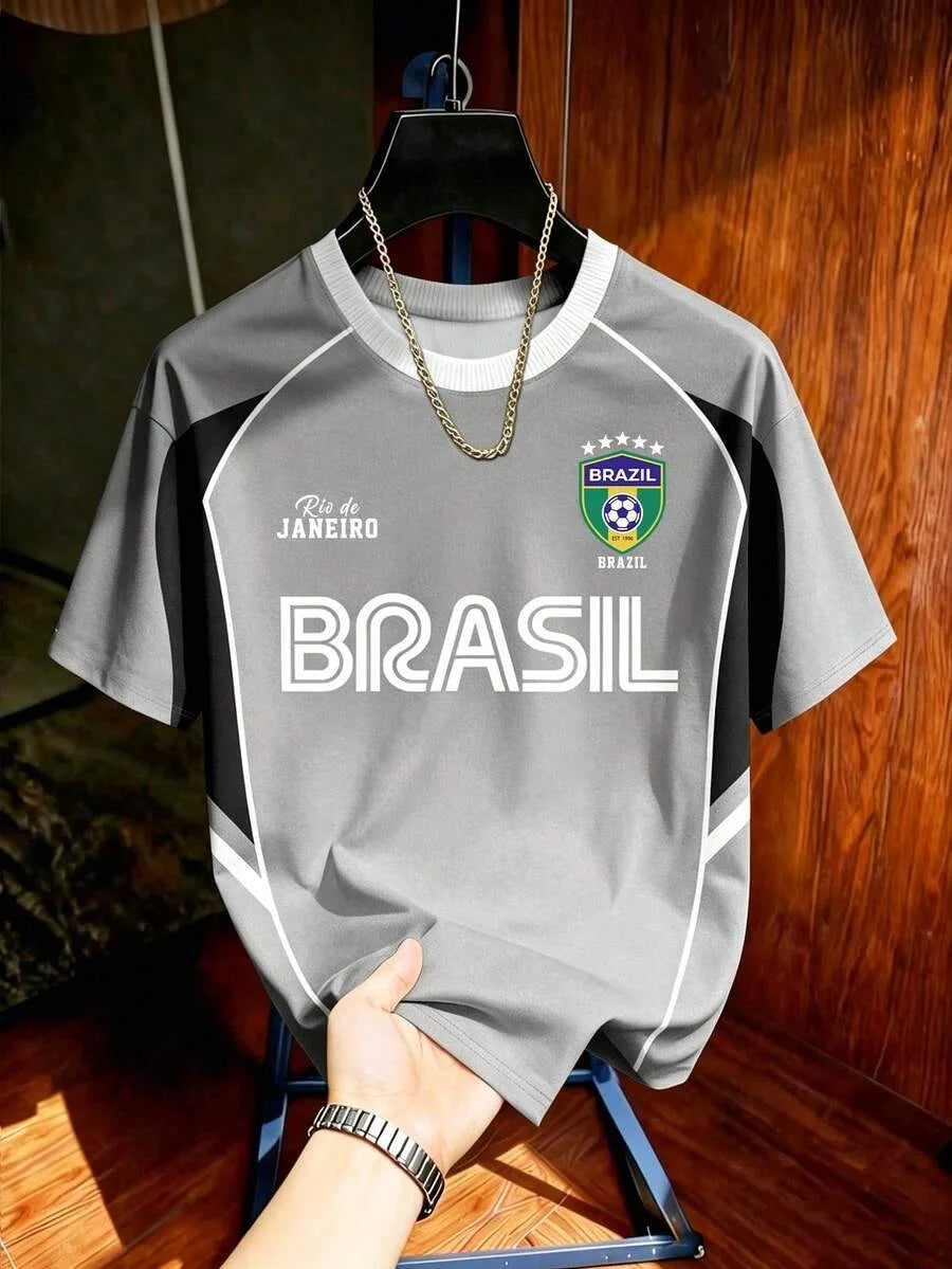 KIDS BRAZIL FOOTBALL T-SHIRT SOCCER JERSEY STRIPE & RETRO PRINT BREATHABLE QUICK DRY TRAINING TEE FAN SPORT TOP MEN WOMEN