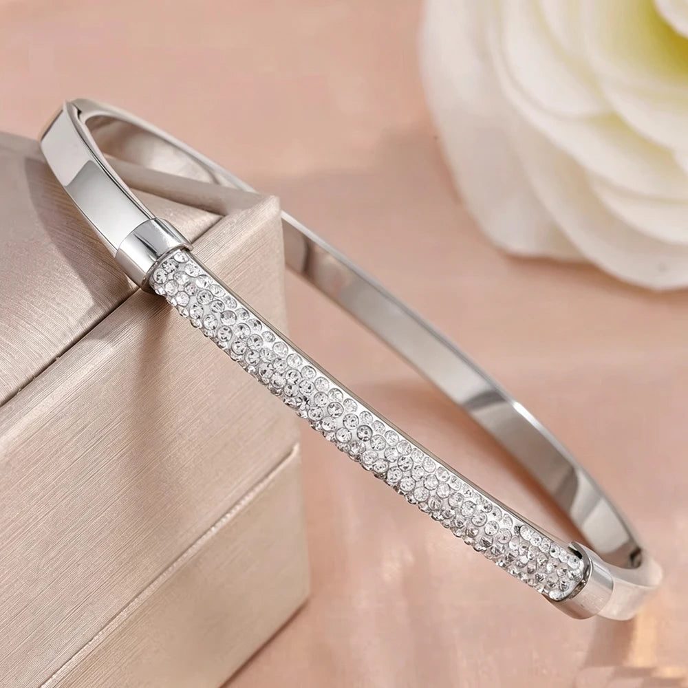 ZAKOL 3pcs/set 316 Stainless Steel Bracelets Shiny Heart Zircon Open Bangle Valentine's Day Stacked Wrist Jewelry Gifts