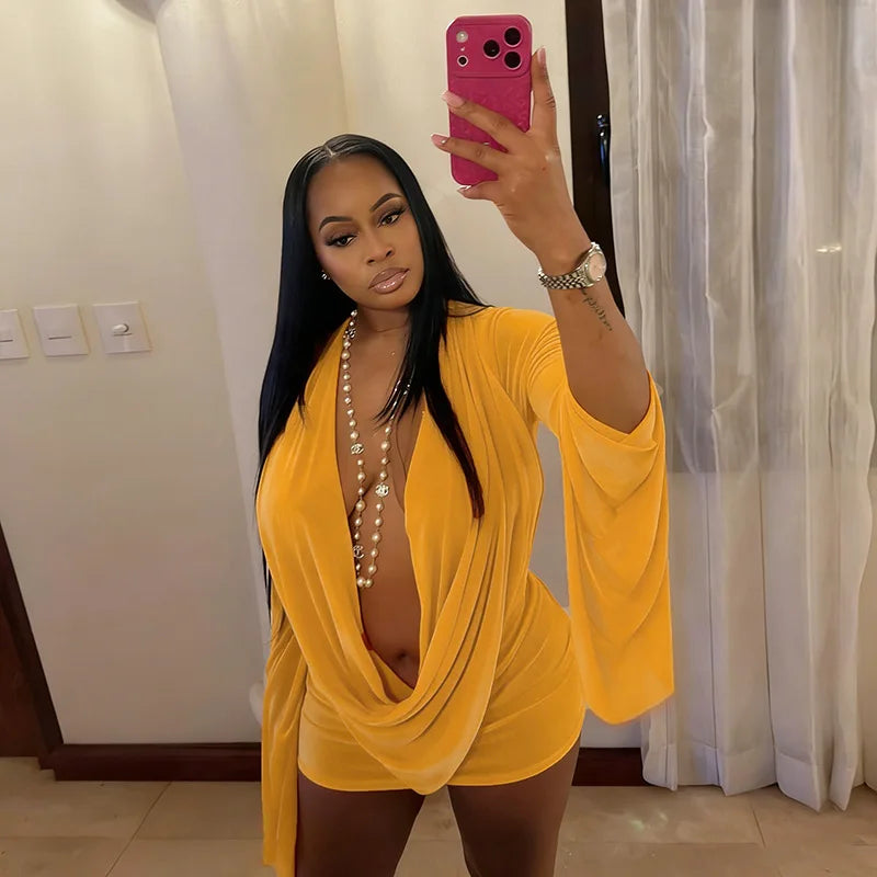 BKLD Solid Color 2026 New Women's Clothing Mesh Swinging Collar Long Sleeve Open Back A-line Short Dresses Party Clubwear