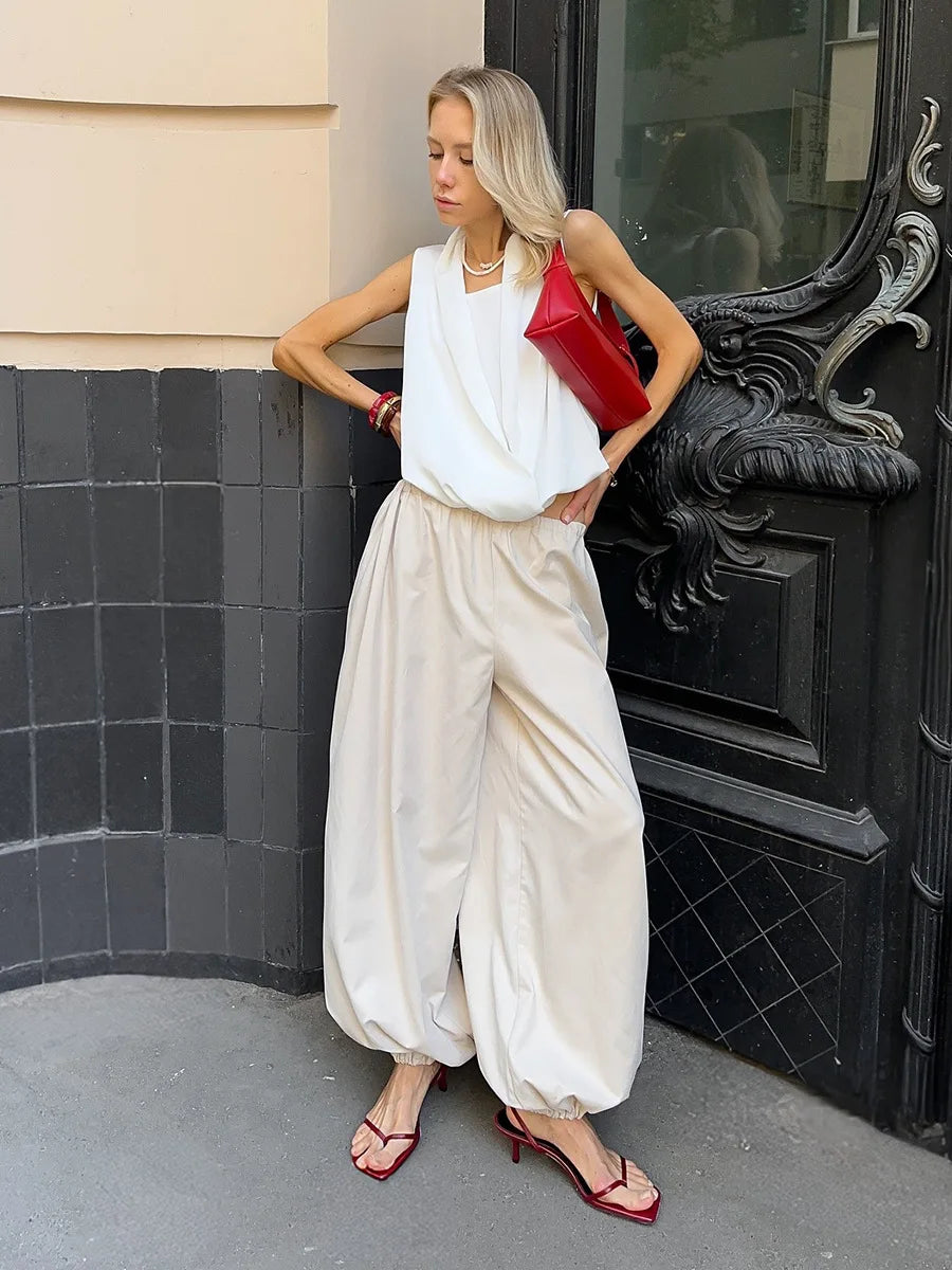 Y2k Fashion Pocket Bloomers Female Trousers Wide Leg Women Pants Pleated Loose High Waist Patchwork Bandage Streetwear