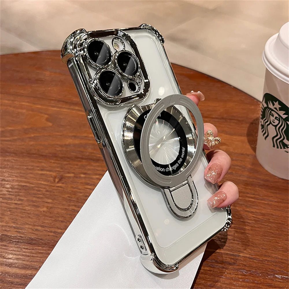 Luxury Plating Shockproof Magnetic Bracket For Magsafe Clear Case For iPhone 16 15 14 13 12 11 Pro Max With Holder Stand Cover