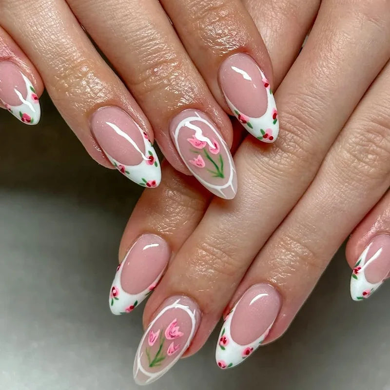 24Pcs Autumn Winter Matte Almond False Nails with Glue Rose Leaf Printing Nail Art Simple Full Cover Press on Acrylic Nails Tips
