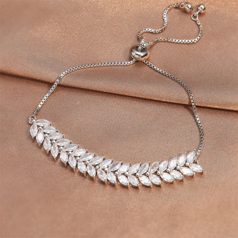 ZAKOL Trendy Cubic Zirconia Leaf Bridal Bracelets Bangle for Women White Color Crystal Adjustable Bracelet Wedding Jewelry