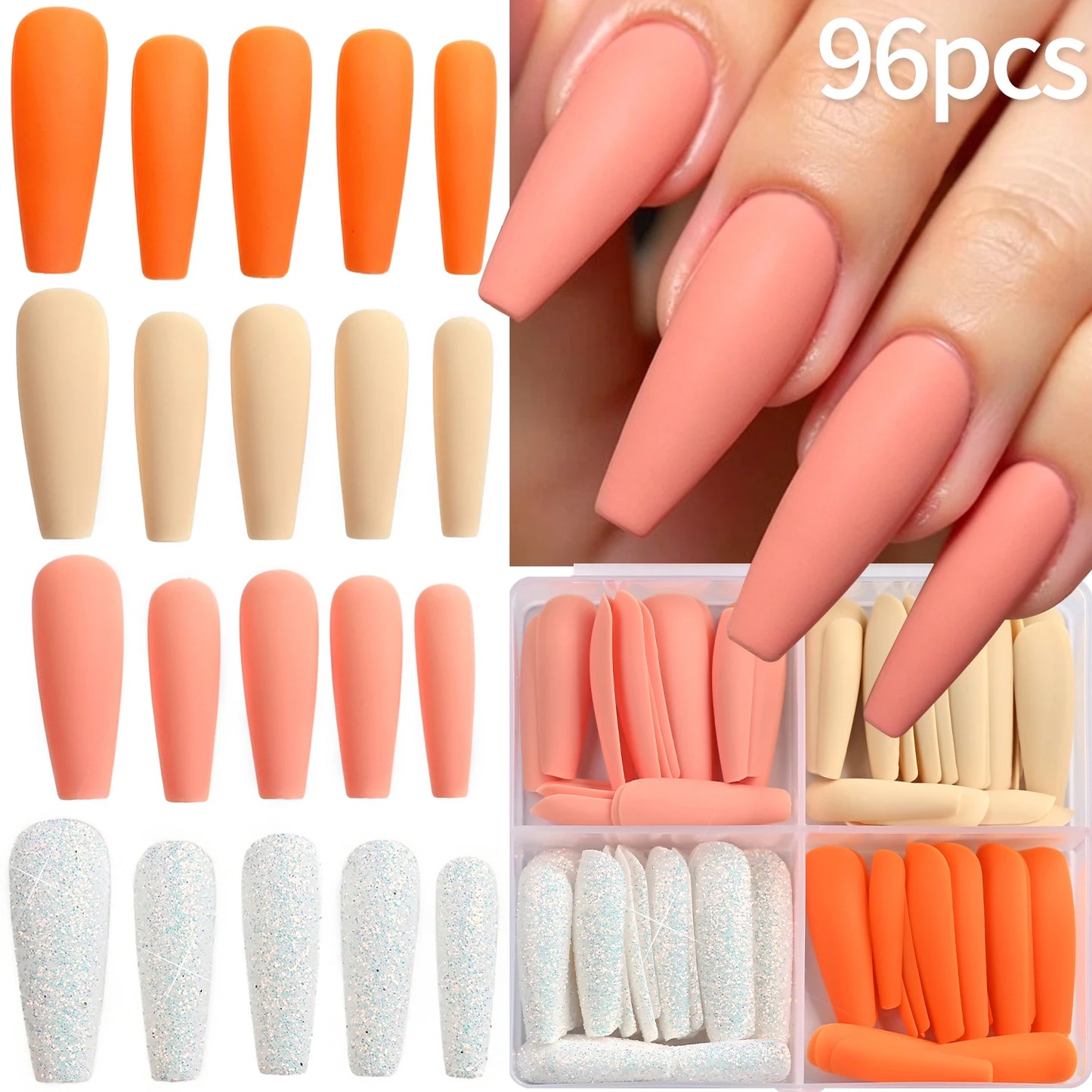 96Pcs Long Coffin Ballet Full Cover Fake Nails Square False Nails Glitter Artificial Fingernails Women Wearable Press on Nails