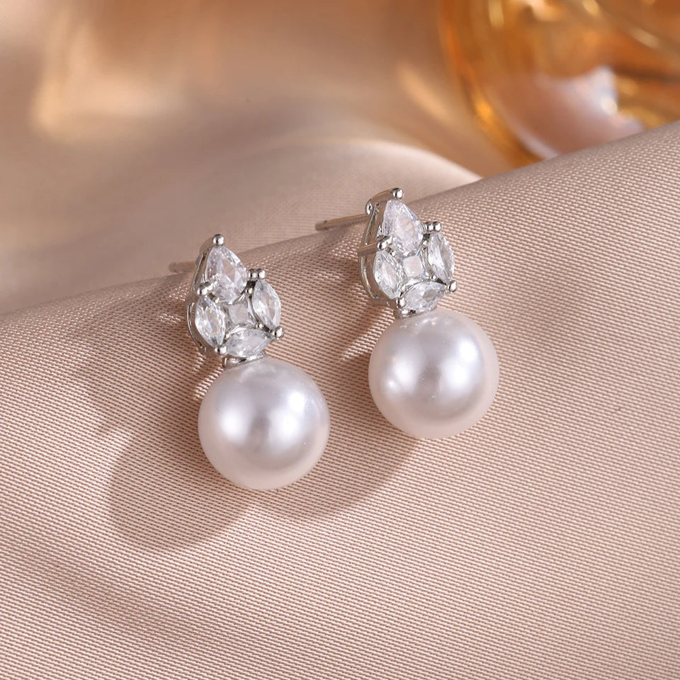 ZAKOL New Simple Water Drop Zircon Imitation Pearl Stud Earring for Women Exquisite Bride and Bridesmaid Wedding Jewelry