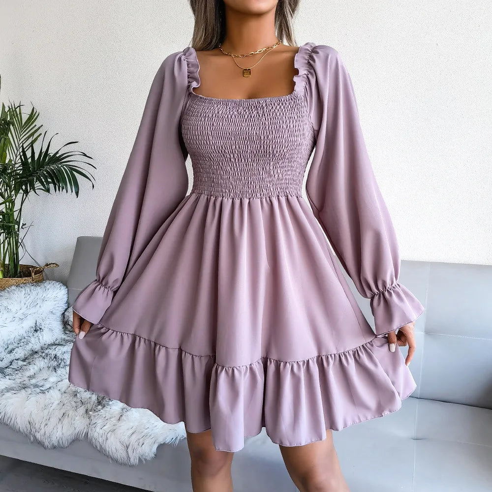 Spring Summer Casual Solid Color Square Neck Flared Long Sleeve Ruffled Dress Red Orange Green Black 2026 Fashion Woman Clothing