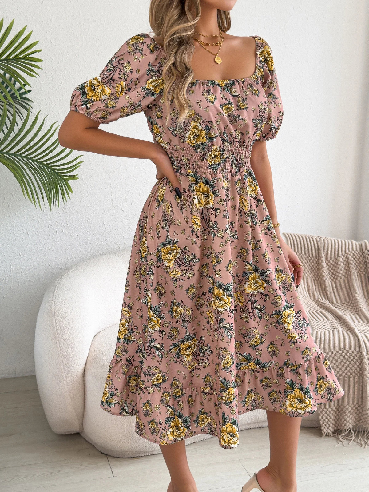 2026 Fashion Floral Print Dress for Women Spring Summer Casual Square Neck Short Sleeve Ruffled Long Dresses Woman Clothing