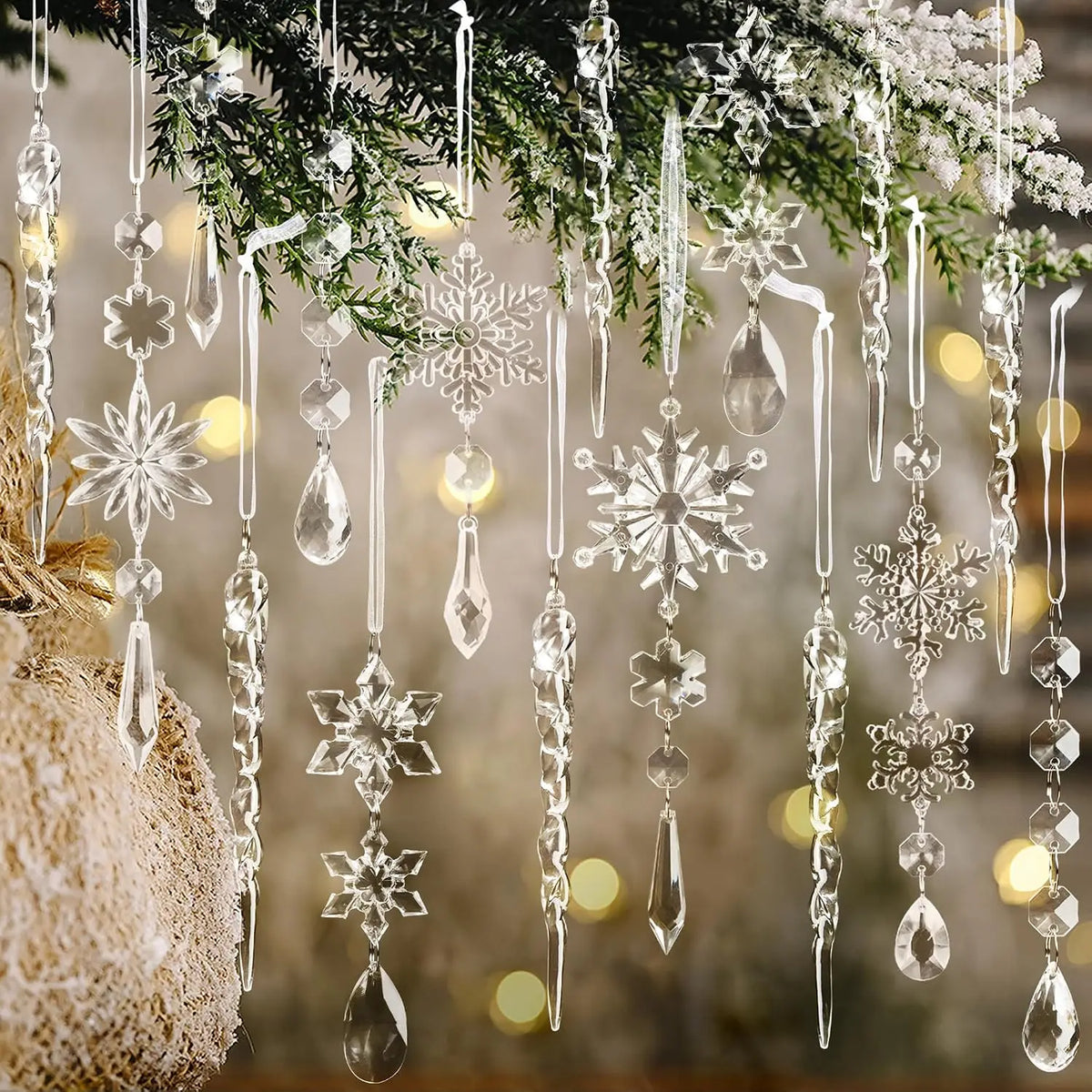 Clear Acrylic Christmas Icicle Snowflake Ornaments,Winter Wonderland Tree Decorations,Christmas Tree Window Mantel Hanging Decor