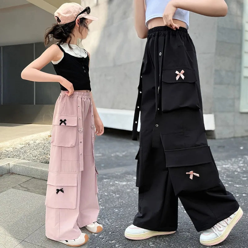 Kids Cargo Pants with Side Pocket for Tweens Girl High Fashion Hip Hop Bow Trousers Child Street  Pink Black Trackpants Hot Sell