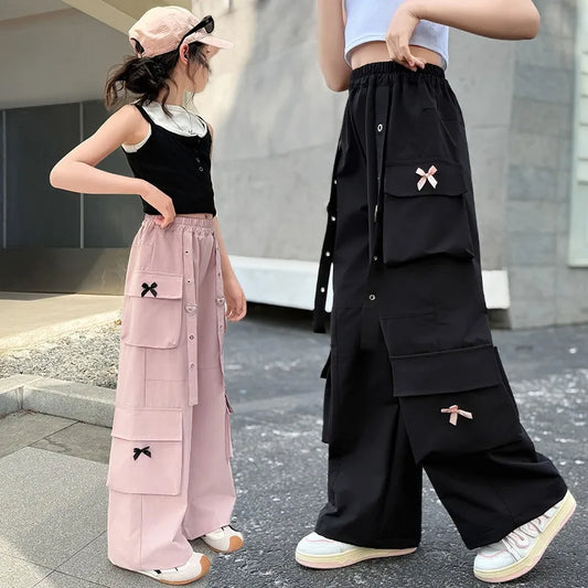 Kids Cargo Pants with Side Pocket for Tweens Girl High Fashion Hip Hop Bow Trousers Child Street  Pink Black Trackpants Hot Sell