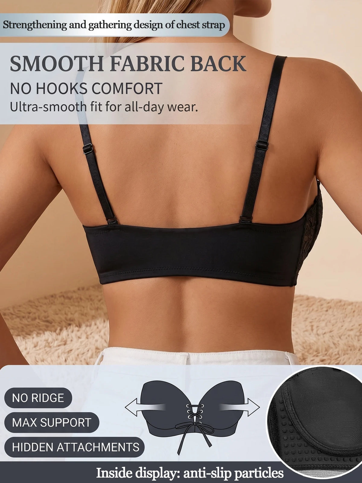 Women Lace Front Tie Push up Bra No Back Hook Seamless Bra Adjustable Straps Gather Side Fat Anti-Slip Sexy Lingerie