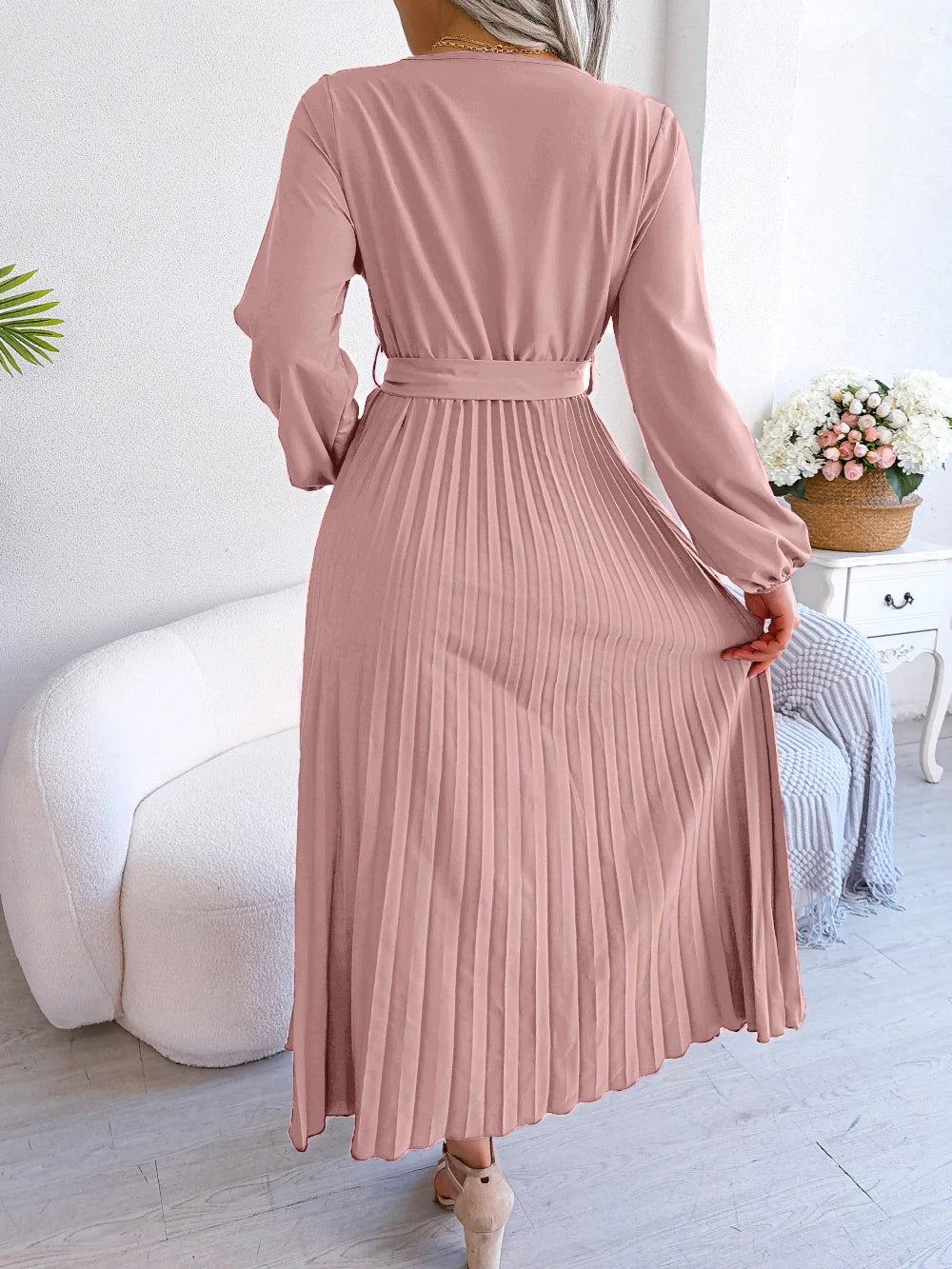 Women Elegant V Neck Long Sleeve Pleated Maxi Dress