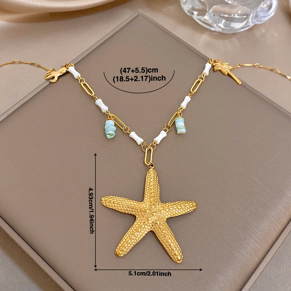 Flashbuy Golden Ocean Charm Necklace, Starfish Crab Octopus Pendant, Boho Beach Jewelry for Women, Summer Vacation Accessory