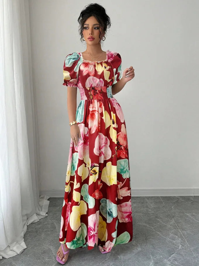 BKLD Women Clothing Summer Floral Print Dress Short Sleeve Square Collar Beach Holiday Outfits Waist Ruched Long Dresses Party