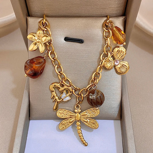 Stainless Steel Gold Color Vintage Chic Dragonfly Shaped Pendant Necklace Statement Geometric Acrylic Love Flower Charm Jewelry