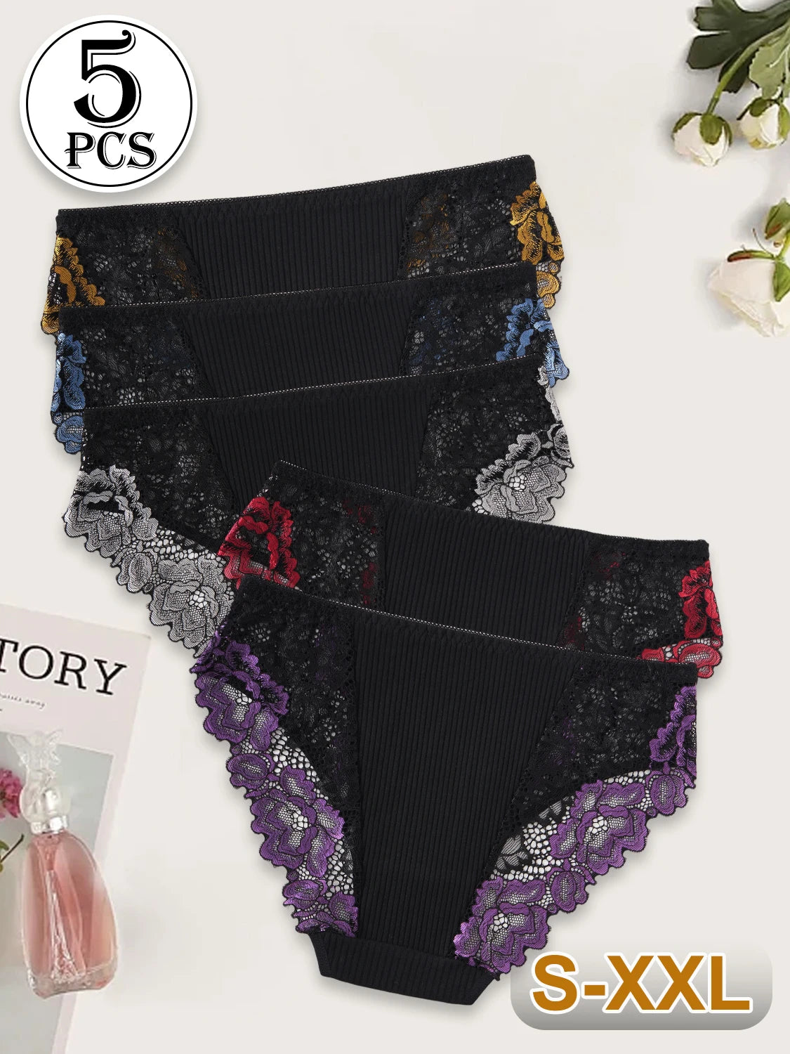 5PCS New Contrast Lace Panties Women Striped Cotton Breathable Underwear Elegant Lace Floral Sexy Briefs Mid-Rise Lingerie