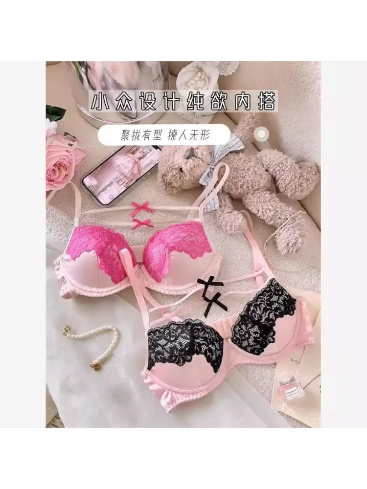 MOYISU Sweet Trap French Bow Bra Set - Wireless Push-Up for Petite Chest, Pure Seduction Lace Bralette with Elegant Ribbon Charm