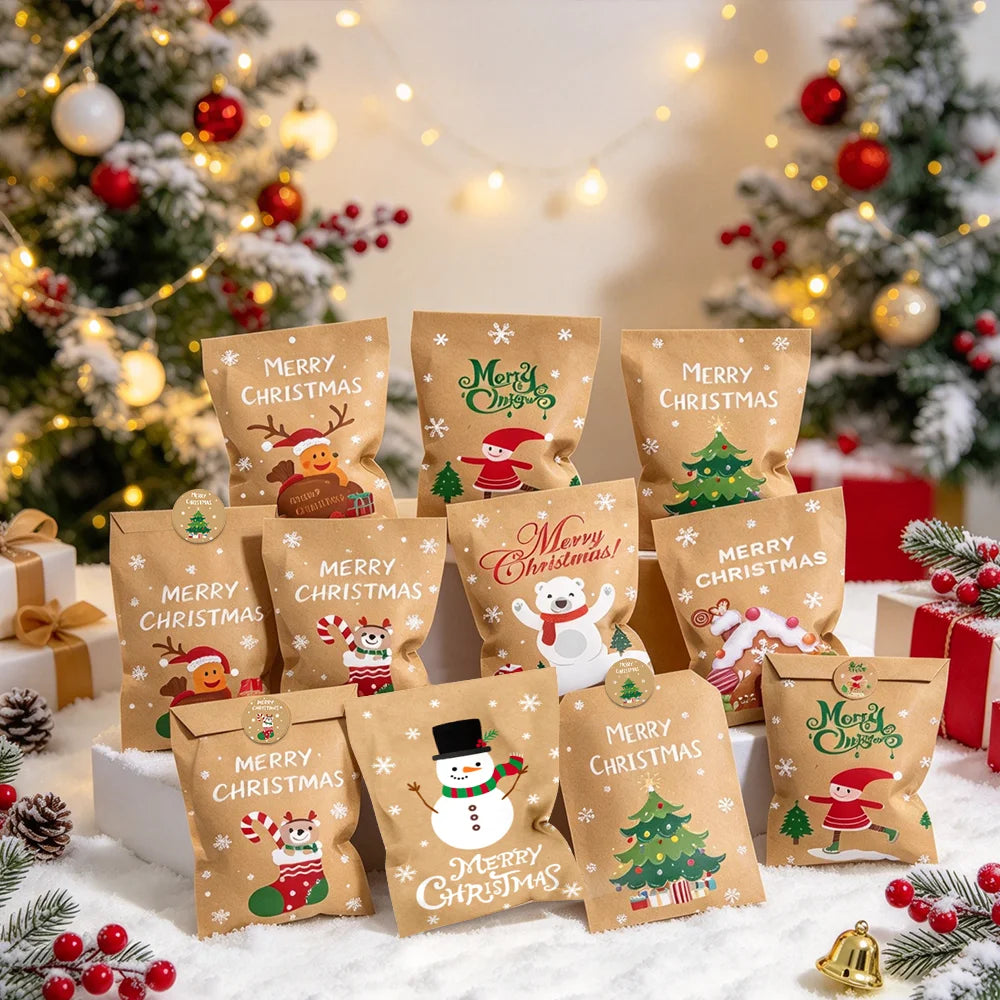 24Pcs Merry Christmas Cartoon Kraft Paper Cookie Bags, Xmas Candy Goodie Bags with Decorative Stickers, Chocolate, Small Gifts