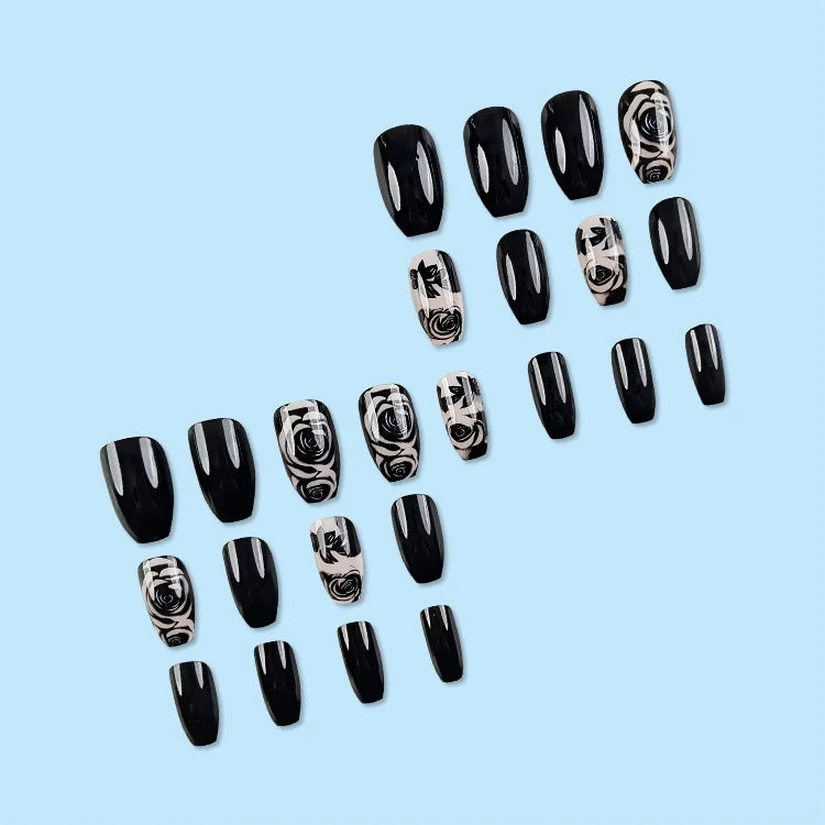 24Pcs Solid Black Short False Nails with Rose Pattern Design Ballerina Square Artificial Full Cover Press on Nail Tips for Girls