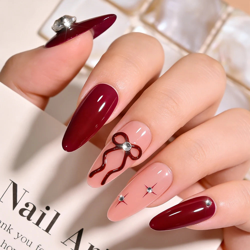 24Pcs Red Bowknot Design False Nails Medium Almond Fake Nail Tips Extension with Shiny Diamond for Women Wearable Press on Nails