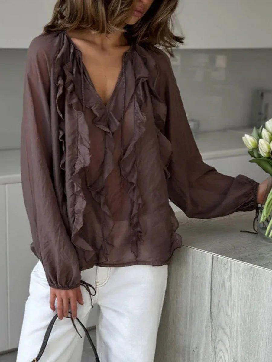 Elegant Ruffles V-Neck See-Through Patchwork Loose Blouses For Women Casual Solid Long Sleeve Female Summer Shirt Blouse Top