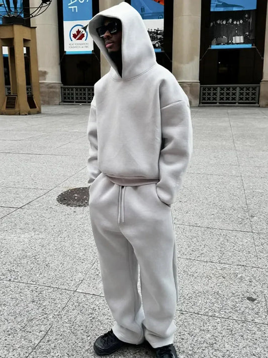Solid Couple's Hooded Sweatshirt 2 Piece Set Casual Loose Sweatpants Suit Autumn Male Jogging Sweatshirt Trousers Outfits Suits