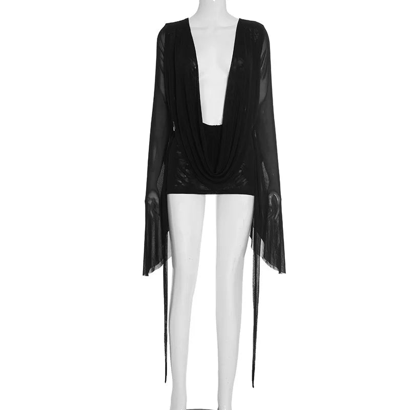 BKLD Solid Color 2026 New Women's Clothing Mesh Swinging Collar Long Sleeve Open Back A-line Short Dresses Party Clubwear