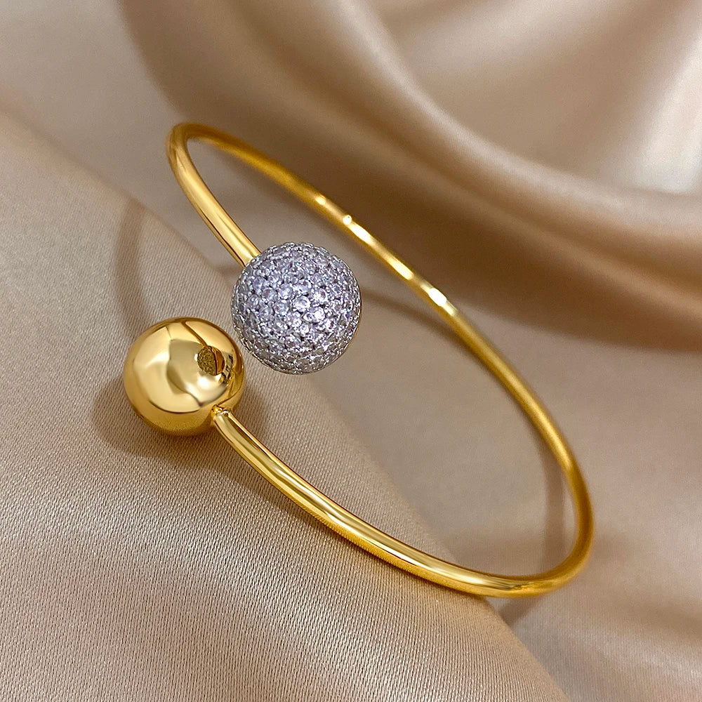 Fashion Design Chic Gold Color Inlaid Rhinestone Ball Stainless Steel Open Bracelet Bangle Statement Jewelry High Quality Gift