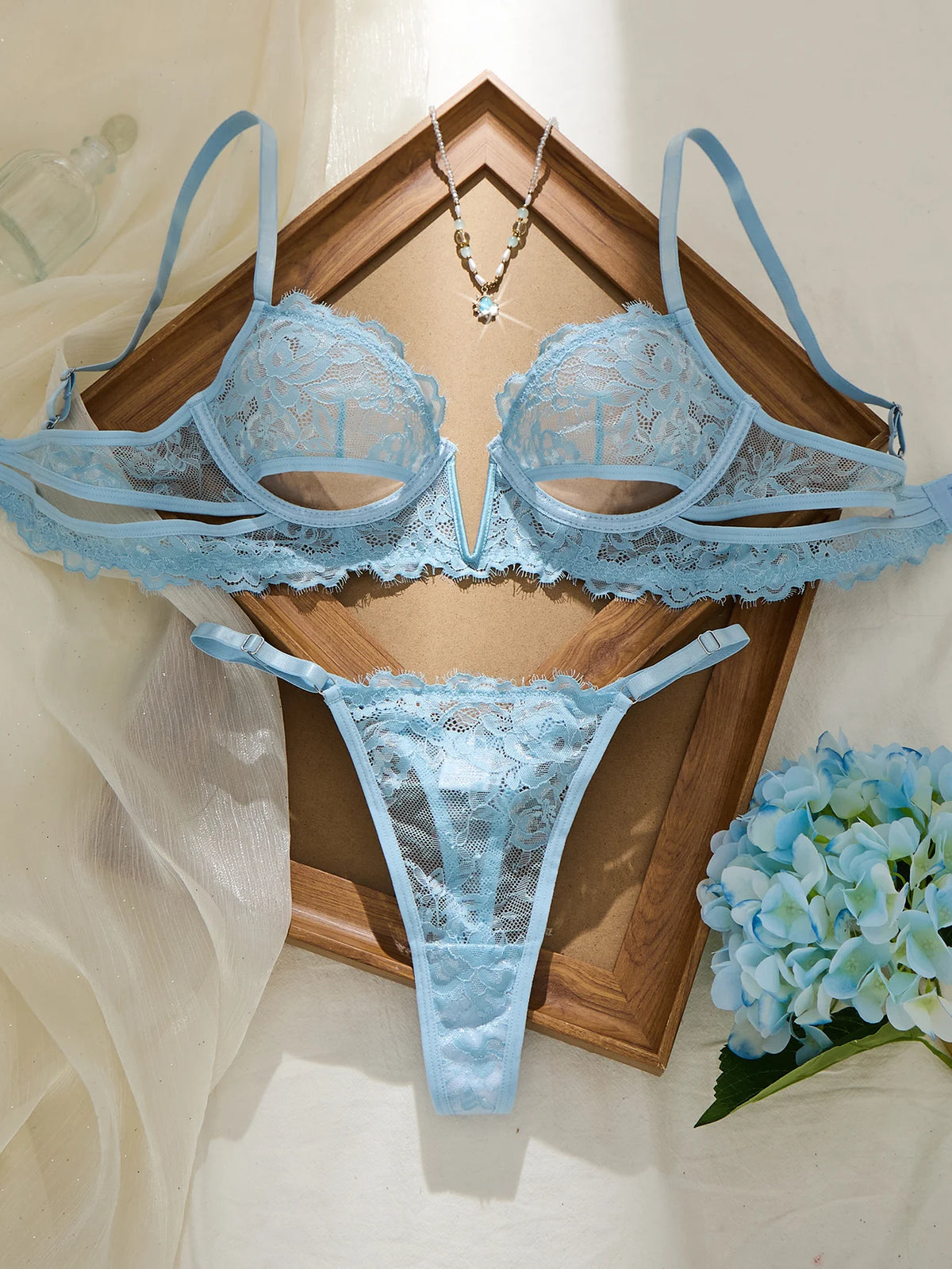 Women's Light Blue Sheer Lace Bra and Thong Panty Set – Sexy See-Through Mesh Lingerie 2-Piece with Adjustable Straps