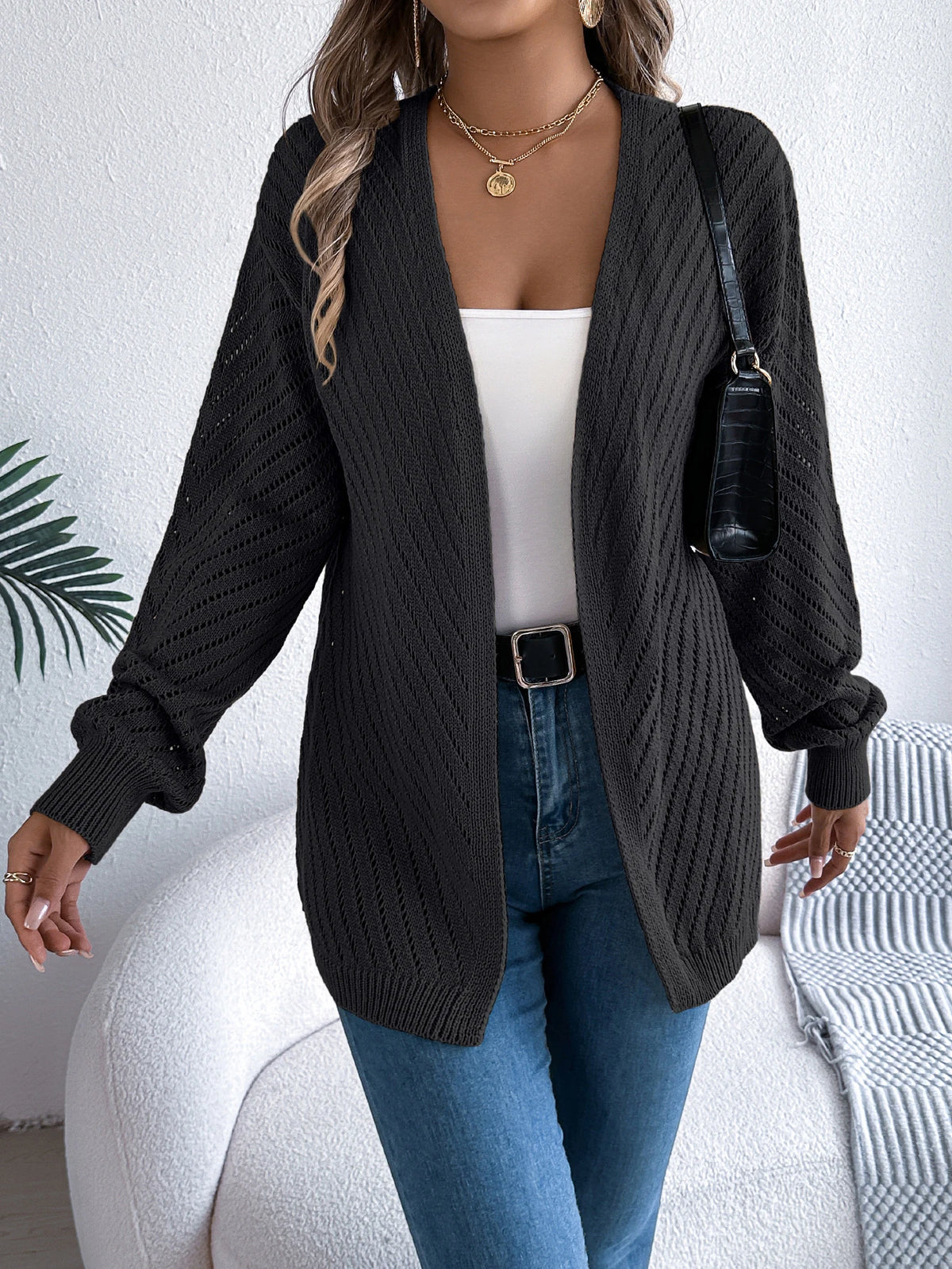 Women Solid Color Knitted Cardigan Sweaters 2026 Autumn Winter Casual Hollow Out Lantern Long Sleeve Coats Khaki White Black