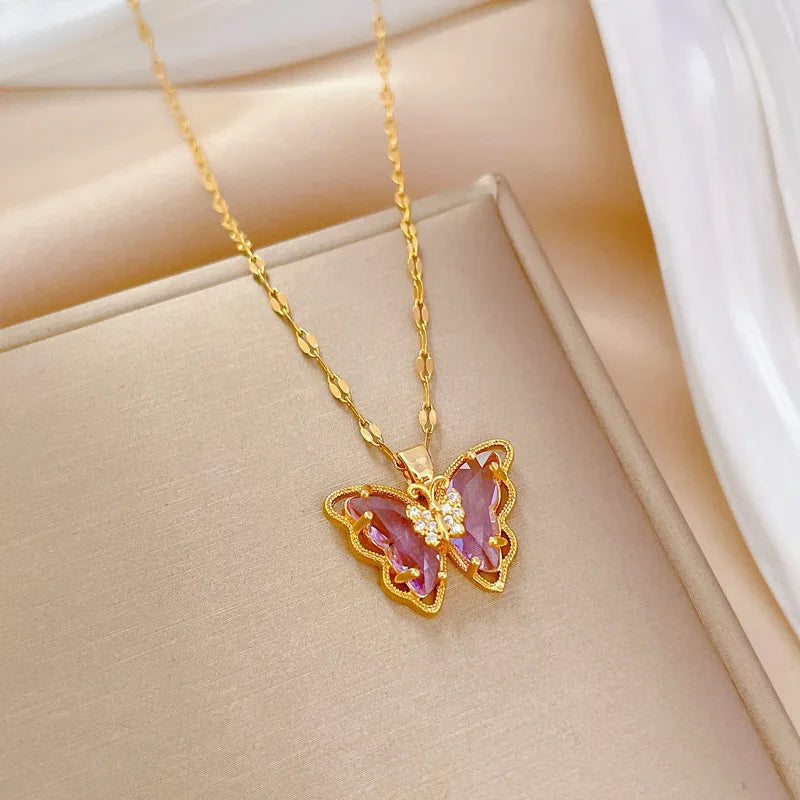 Fantastic Crystal Gold-Color Butterfly Necklace For Women Rhinestone Symmetrical Pendant Accessories Party Jewelry Gifts
