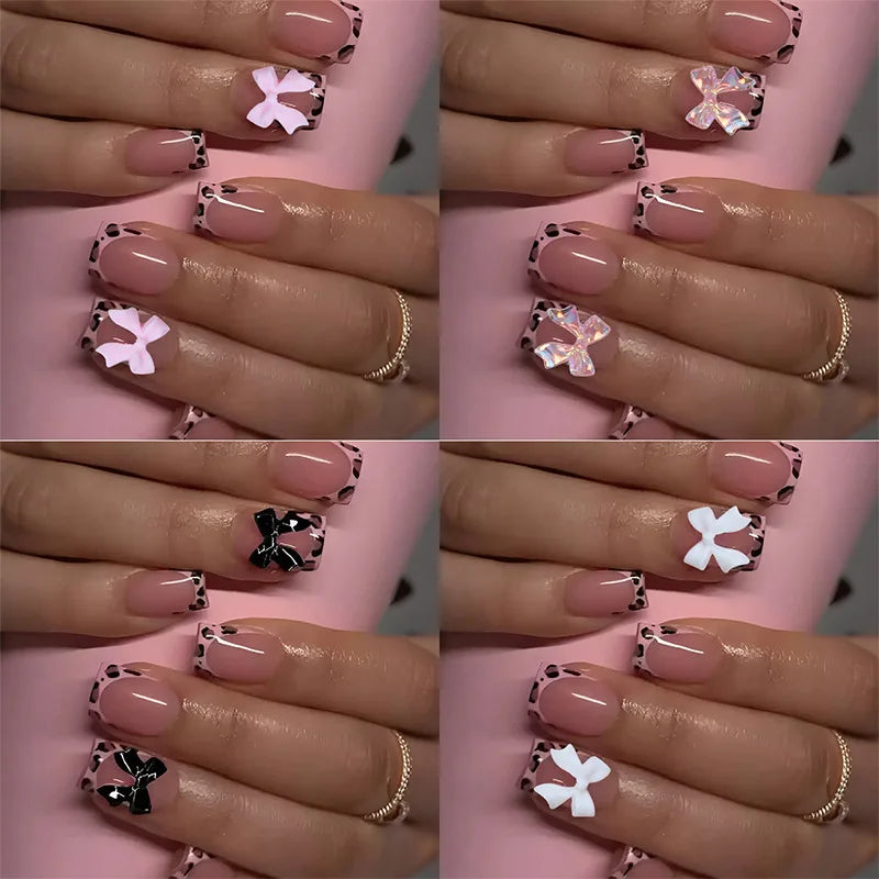 96Pcs/box Pink Leopard Print Short Square False Nails 3D Bowknot Acrylic Full Cover French Fake Nails Wearable Press On Nails