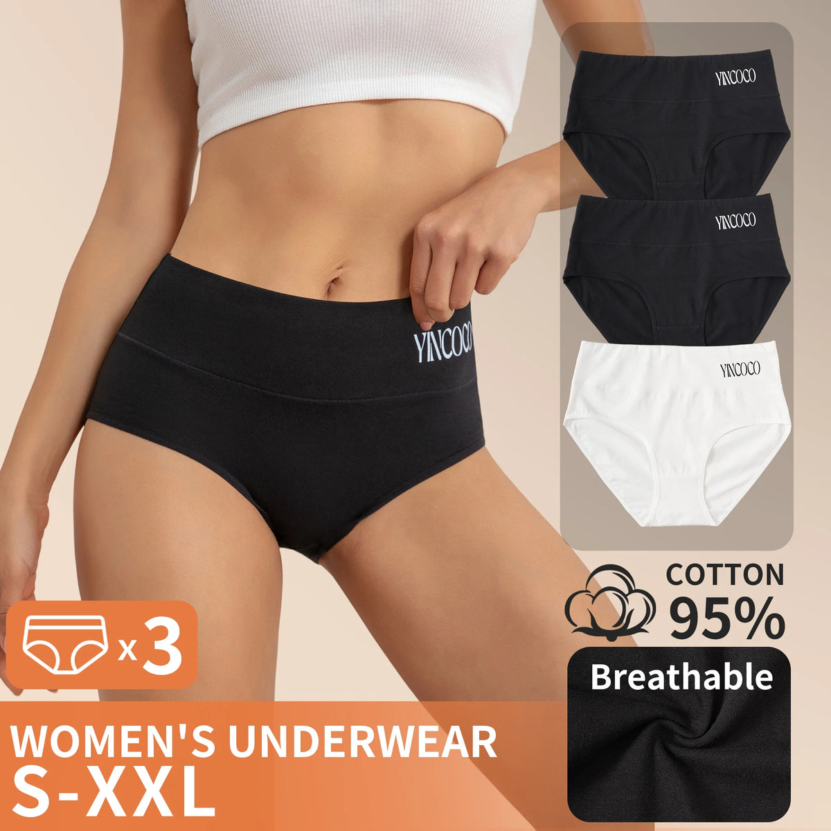3PCS Soft Breathable Cotton Women's Briefs High Rise Letter Logo Panties Skin-Friendly Daily Ladies Underwear Black White Set