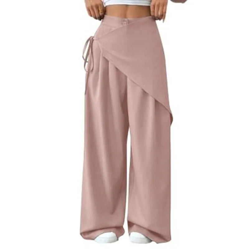 Elegant Irregular Suit Pants for Women High Waist Loose Wide Leg Pants Asymmetrical Lace Up Trousers Elastic Waist Casual Pants