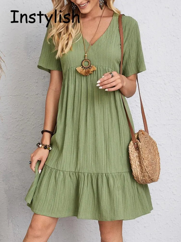 Women Elegant V Neck Ruffles Mini Dress Summer Vintage Solid Loose Sundress Bohemian Casual Solid Beach Party Vestidos