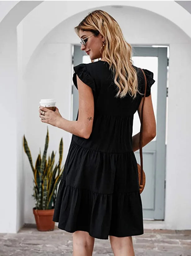 Women Elegant Ruffle Mini Dress Casual Solid O Neck Beach Party Sundress Simple Chic Loose Short Dress Vintage Harajuku Vestido