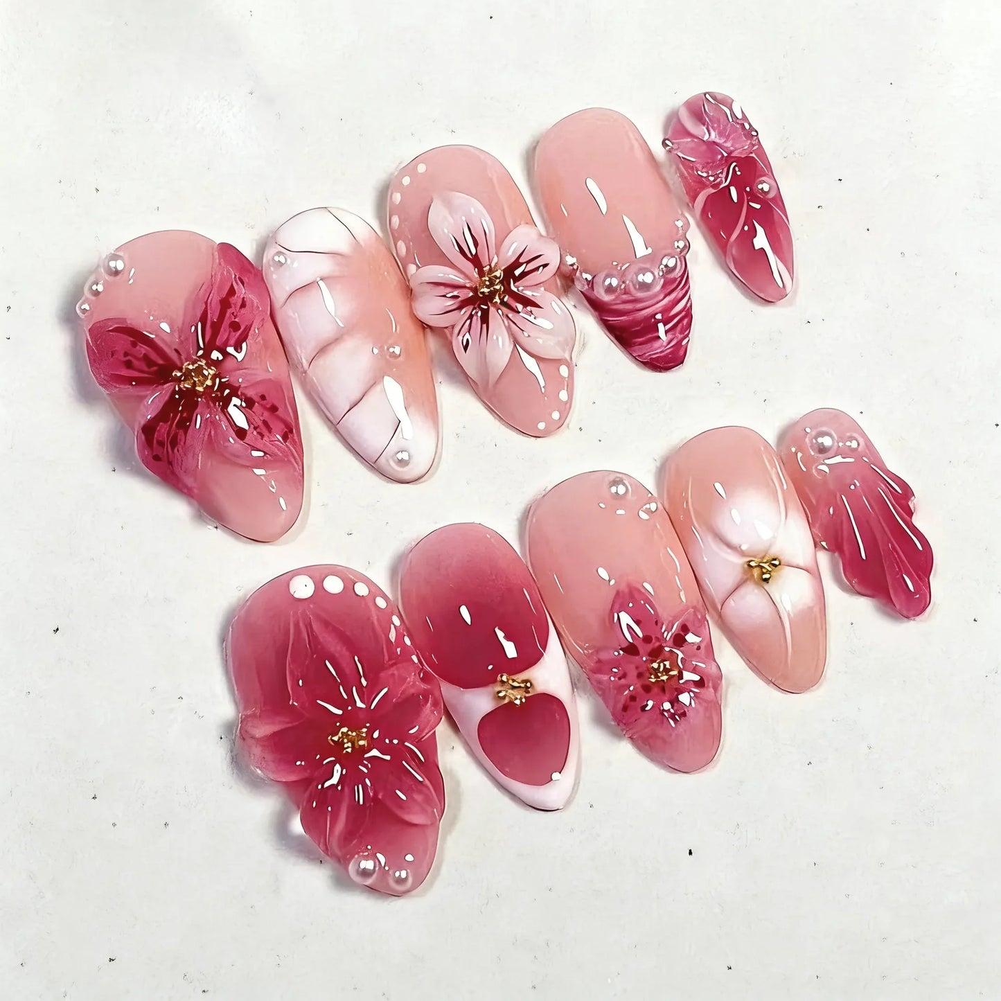 24PCS Pink Almond Press on Nails Full Cover Carved Flower 3D Ripples French Fake Nails for Women with Golden Pearl Wearable Nail