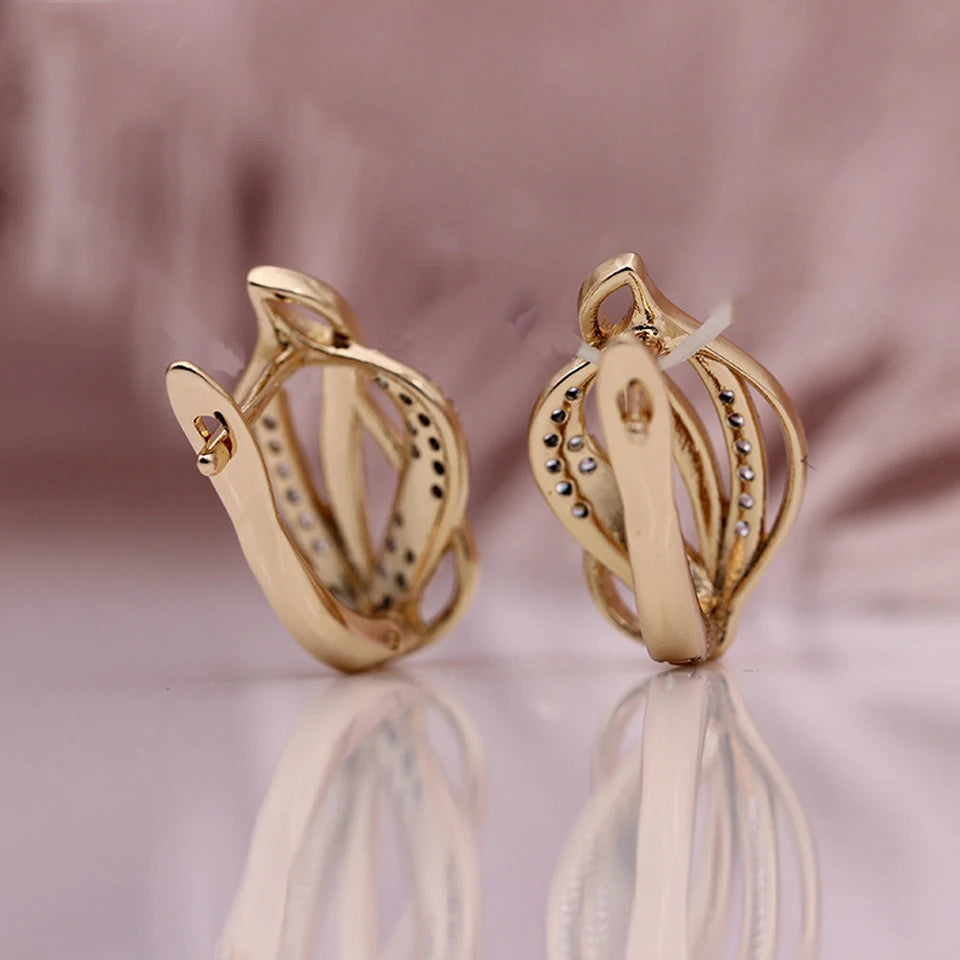 Simple Leaf Shape Hollow Stud Earring For Women AAA Zircon Gold Color Plated Ear Accessories Jewelry Gift