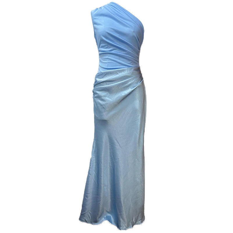 Elegant One-Shoulder Patchwork Satin Party Dress for Women Irregular Neck Slim Sleeveless Dresses Female Evening Gowns Clubwear
