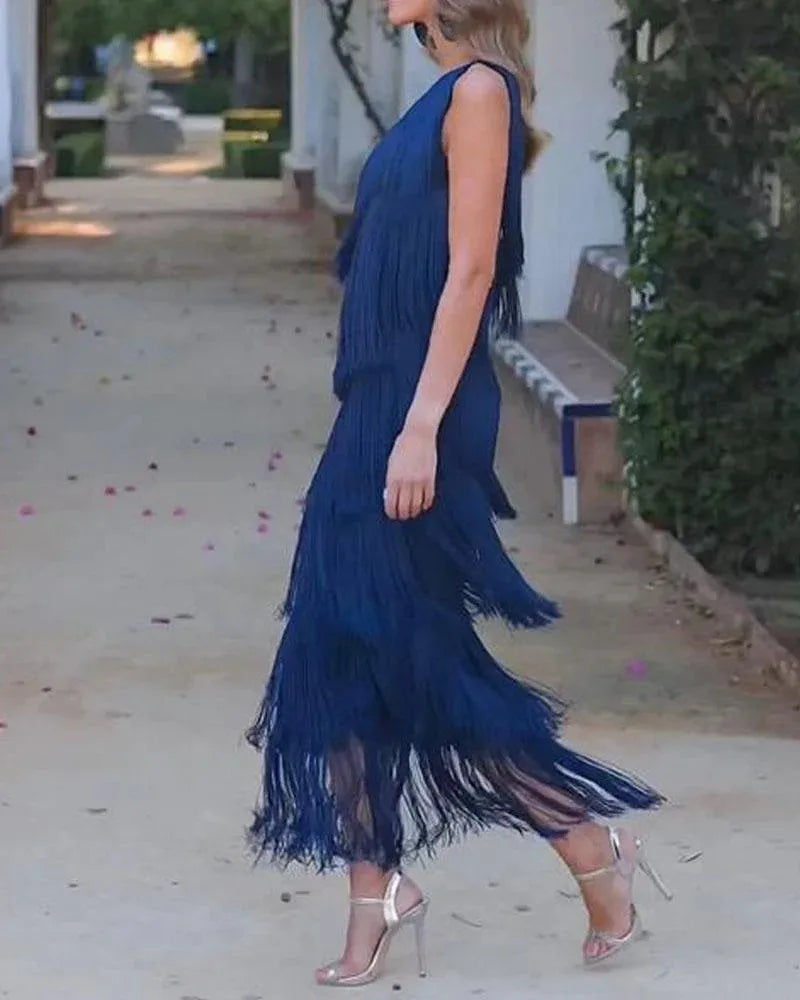 BKLD Solid Color 2026 Spring Summer New Fashion Tassel One Shoulder Sleeveless Asymmetric Dress Clothes For Women Evening Dress
