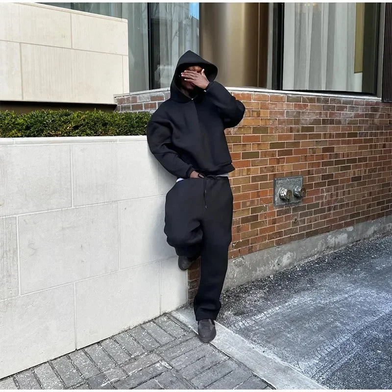 Solid Couple's Hooded Sweatshirt 2 Piece Set Casual Loose Sweatpants Suit Autumn Male Jogging Sweatshirt Trousers Outfits Suits