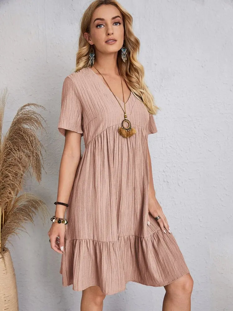 Women Elegant V Neck Ruffles Mini Dress Summer Vintage Solid Loose Sundress Bohemian Casual Solid Beach Party Vestidos